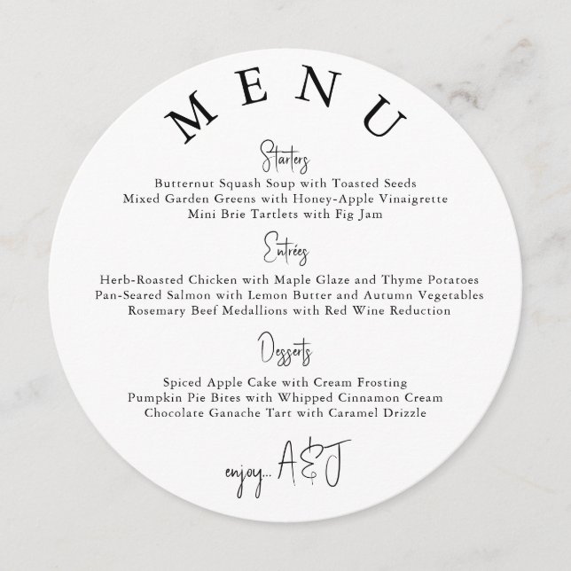Menu de mariage moderne simple Cercle Blanc (Devant)