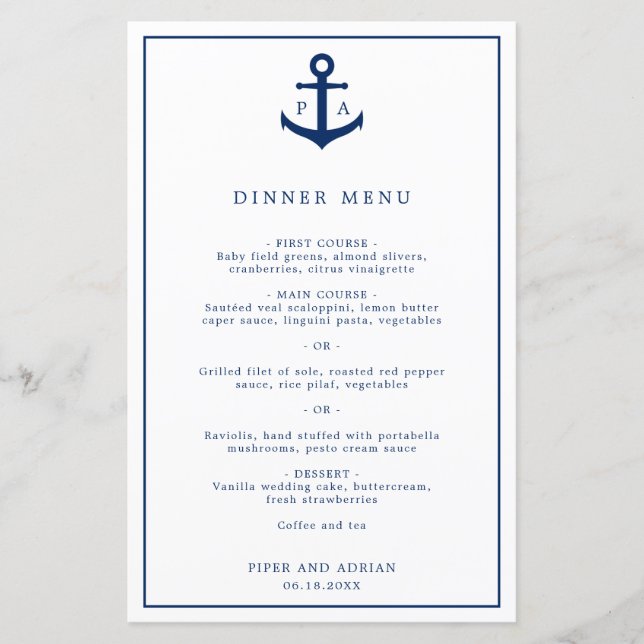 Menu de mariage nautique à monogramme élégant (Devant)