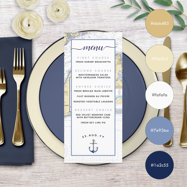 Menu de mariage nautique de Martha's Vineyard ⚓ (Martha's Vineyard ⚓ Nautical Wedding Menu in Muted Blue and Pale Yellow with Color Swatches )
