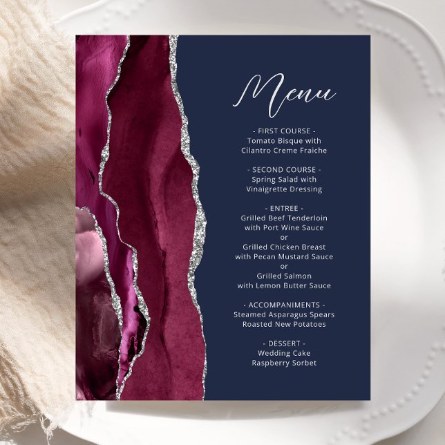 Menu de mariage Navy Argent Agate Bourgogne pas ch (Créateur téléchargé)