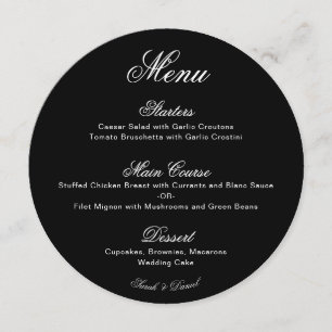 Menu de mariage noir rond avec calligraphie blanch
