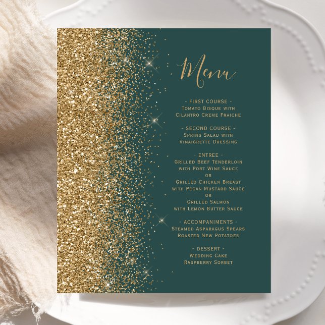 Menu de mariage paillettes dorées vert foncé budge (Créateur téléchargé)