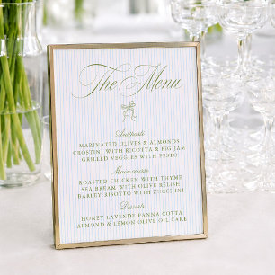 Menu de mariage rayé vert sauge et bleu classique