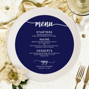 Menu de mariage rond chic bleu marine