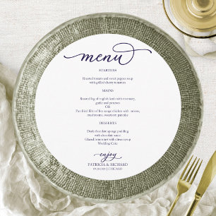 Menu de mariage rond élégant bleu marine script