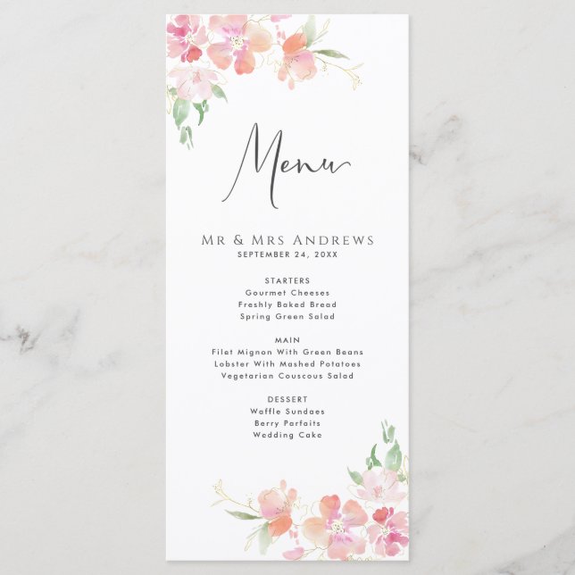 Menu de mariage | Rose et corail floral (Devant)