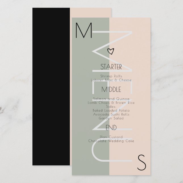 Menu de mariage rose sauge avec monogramme (Devant / Derrière)