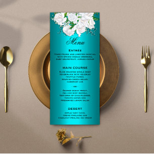 Menu de mariage Roses blanches florales et aqua mé
