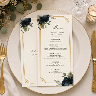 Menu de mariage Royal Blue Peony avec détails de c