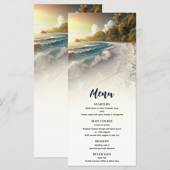 Menu de mariage rustique côtier au coucher de sole (Devant / Derrière)