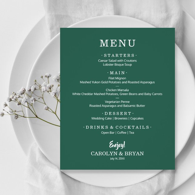 Menu de mariage simple élégant vert émeraude (Créateur téléchargé)