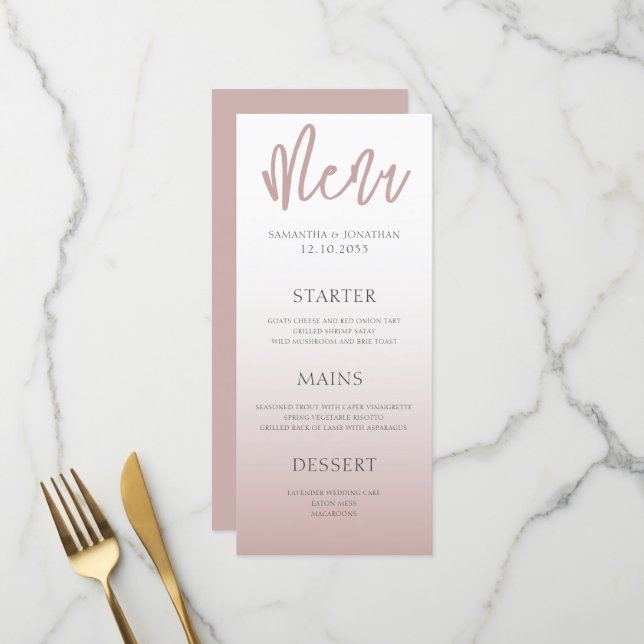 Menu de mariage simple moderne or rose (Devant/Arrière en situation)