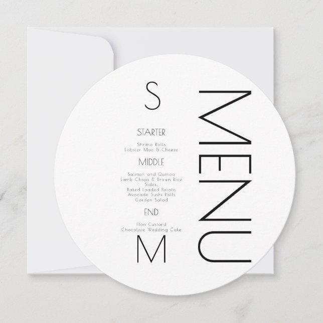 Menu de mariage simple noir et blanc avec monogram (Devant)