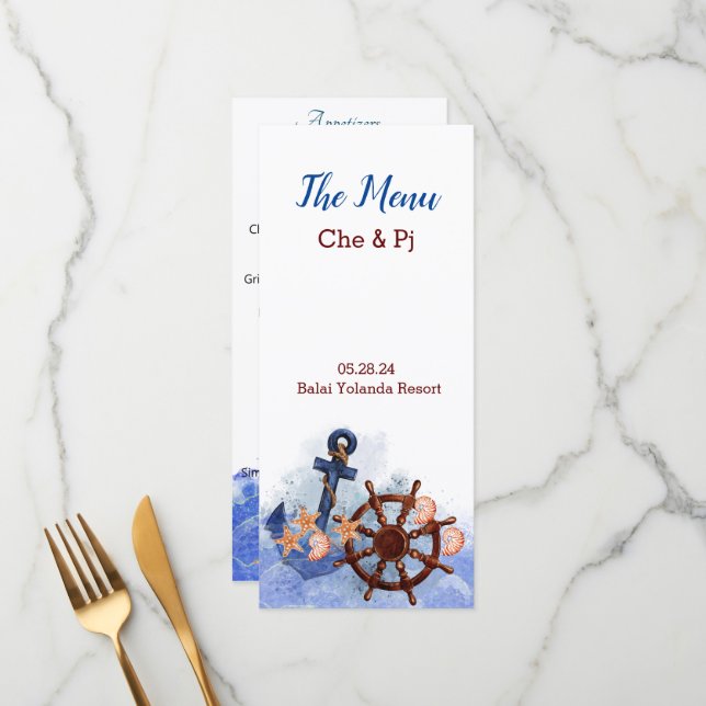 Menu de mariage sur la plage sur le thème nautique (Devant/Arrière en situation)