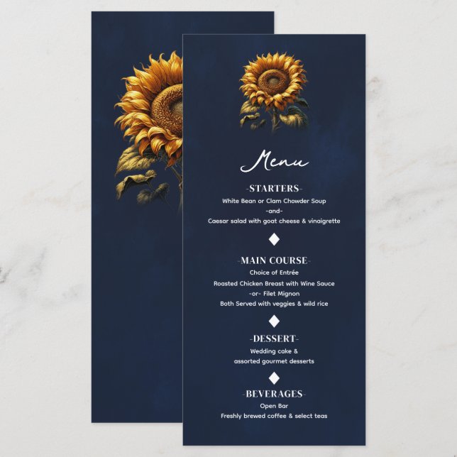 Menu de mariage tournesol rustique bleu (Devant / Derrière)