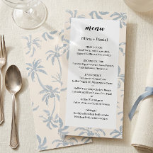 Menu de mariage tropical côtier bleu poussiéreux é