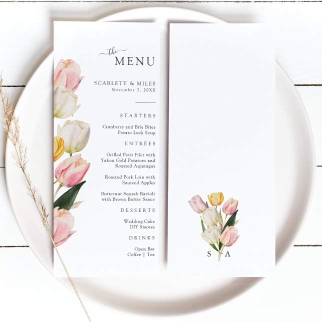 Menu de mariage Tulip (Elegant Watercolor Tulip Wedding Menu Monogrammed by Painted Paperie
)
