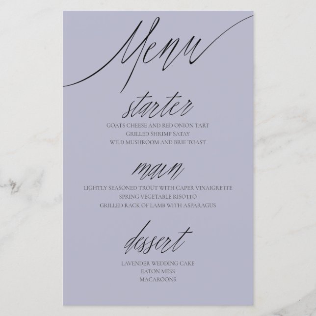Menu de mariage violet élégant avec calligraphie (Devant)