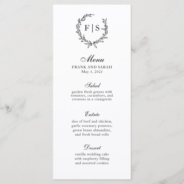 Menu de monogramme traditionnel en noir et blanc (Devant)