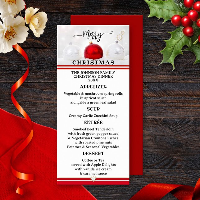 Menu de Noël Red White Classic Festive (Classic Christmas menu card featuring an elegant design with Christmas baubles on snow white)