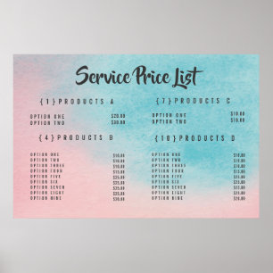 Menu de prix du service d'ombre affiche imprimée p