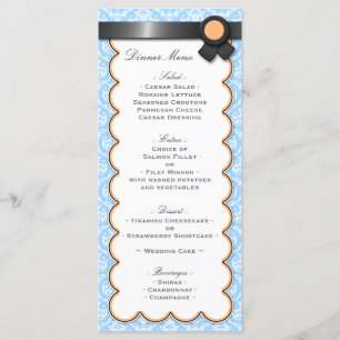 Menu de réception orange et bleu Mariage damassé