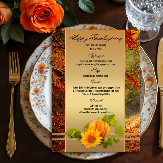 Menu de Thanksgiving Gold Fall (Elegant Thanksgiving fall menu card featuring a pumpkin with sunflower on a gold stylized background)