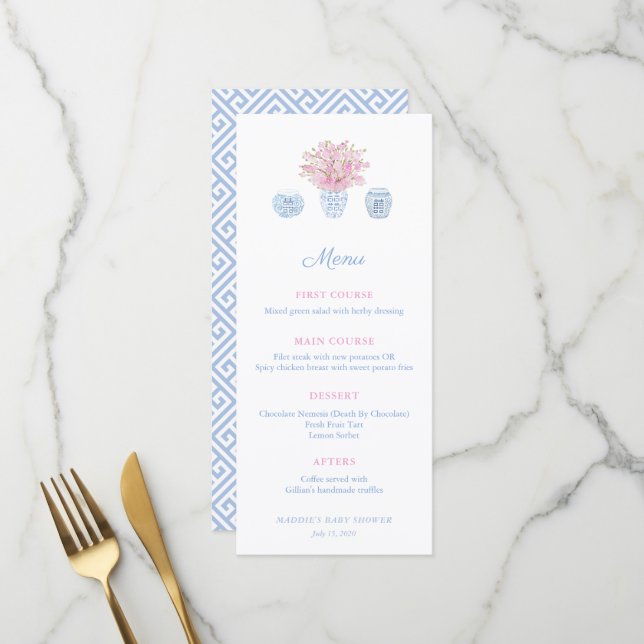 Menu Déjeuner Wedding shower rose bleu grand-millénaire (Devant/Arrière en situation)