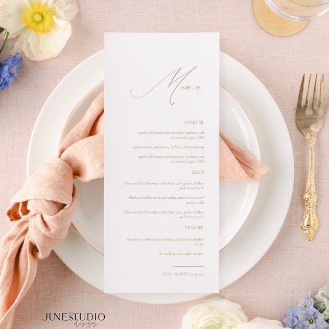 Menu Delicant Gold Elegant Modern Script Mariage (elegant dainty calligraphy gold wedding menu, delicate script gold menu wedding, classic simple )