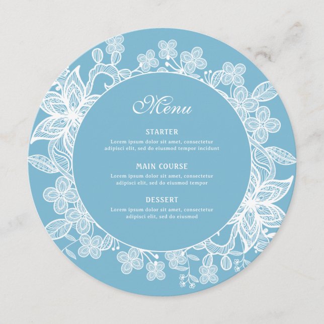 Menu Dentelle blanche sur Pastel Blue Round (Devant)
