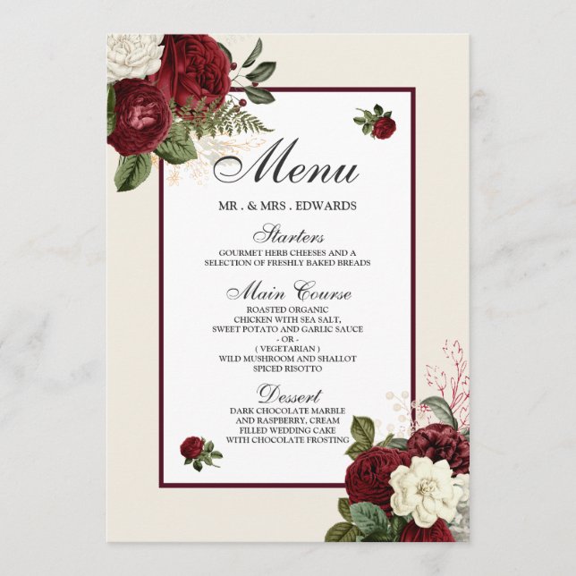 Menü der eleganten Romantic Burgundy Jeden Anlasse Menükarte (Vorderseite)