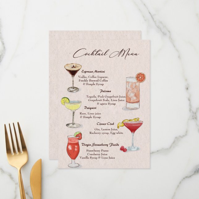 Menu des boissons de cocktail à l'aquarelle (Devant/Arrière en situation)