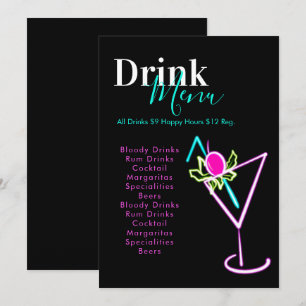 Menu des boissons du bar club restaurant néon