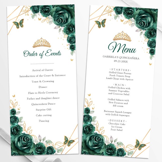 Menü des Emerald Green Gold Floral Quinceanera-Pro Menükarte (Von Creator hochgeladen)
