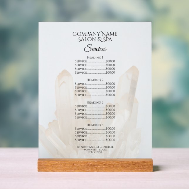 Menu des services Spas du salon de cristaux blancs (Neutre)