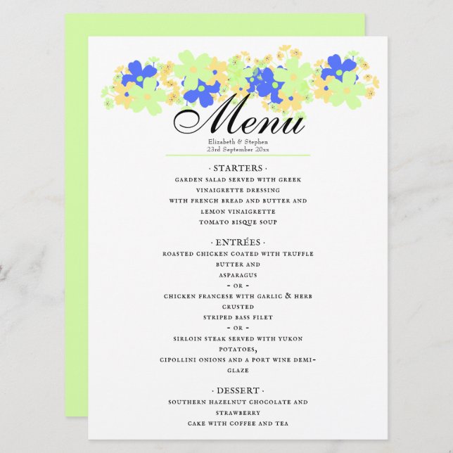 Menu Design floral élégant en bleu vert jaune (Devant / Derrière)