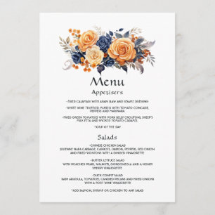 Menu Détails de mariage floral bleu marine et orange po