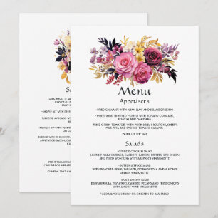 Menu Détails des invités floraux rose, violet, noir et