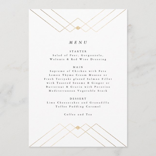 Menu Diamant Or Blanc Géométrique Mariage Gatsby (Devant)