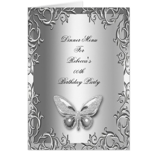 Menu Diner Card Silver Grey Butterfly Floral (Devant)
