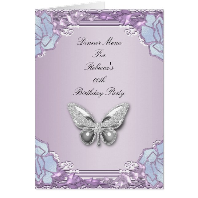 Menu Dîner Carte Argent Lilac Mauve Papillon (Devant)