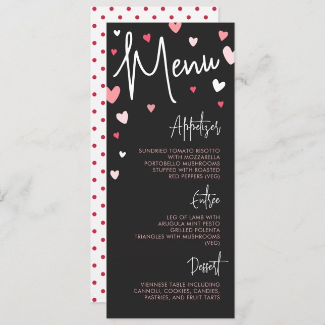 Menu Dîner de la Saint-Valentin en noir mat, mariage (Devant / Derrière)