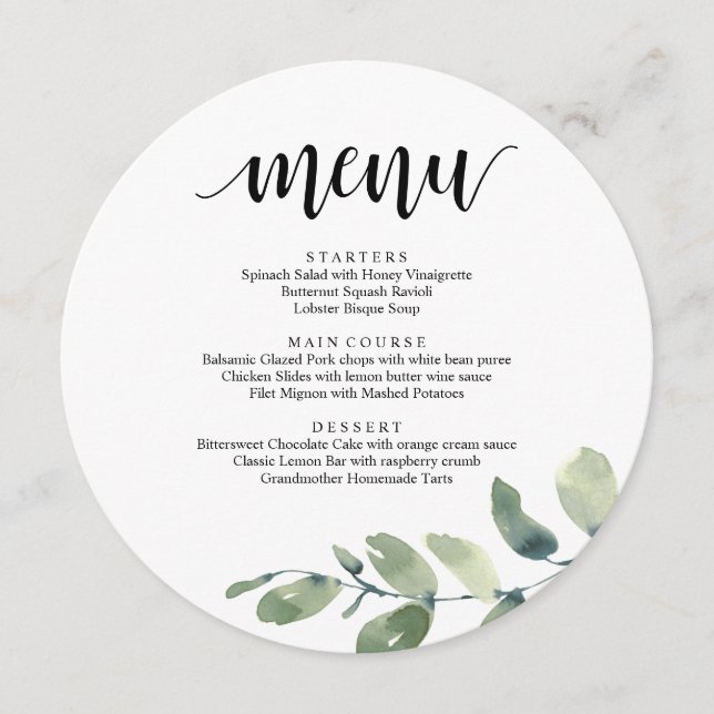Menu Dîner De Réception De Mariage, Eucalyptus Green Me (Devant)