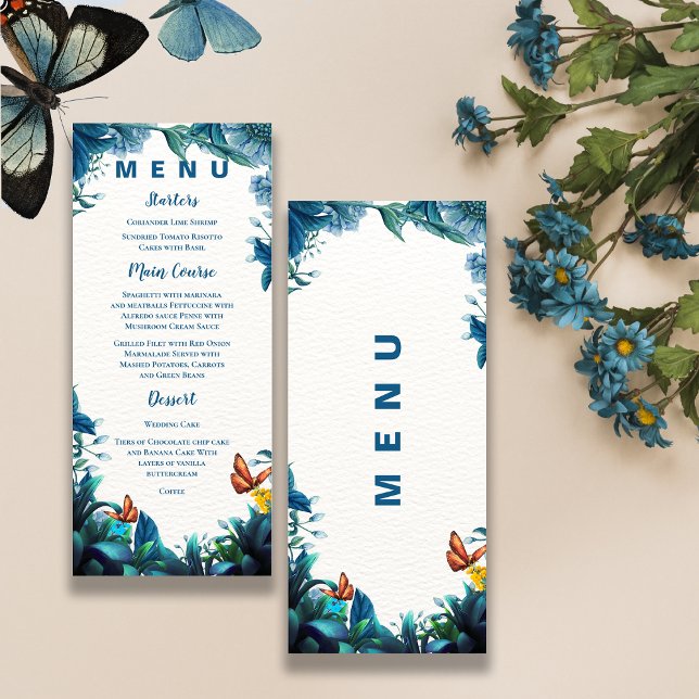 Menu Dîner de réception Papillon à Feuillage Bleu Vert  (Blue Green Foliage Butterfly Reception Dinner Menu)