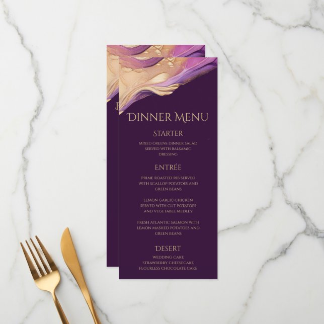 Menu Dîner et bar Mariage moderne violet et or (Devant/Arrière en situation)