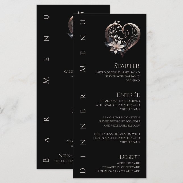 Menu Dîner et Bar Menu-Coeur rose moderne avec Fleurs (Devant / Derrière)