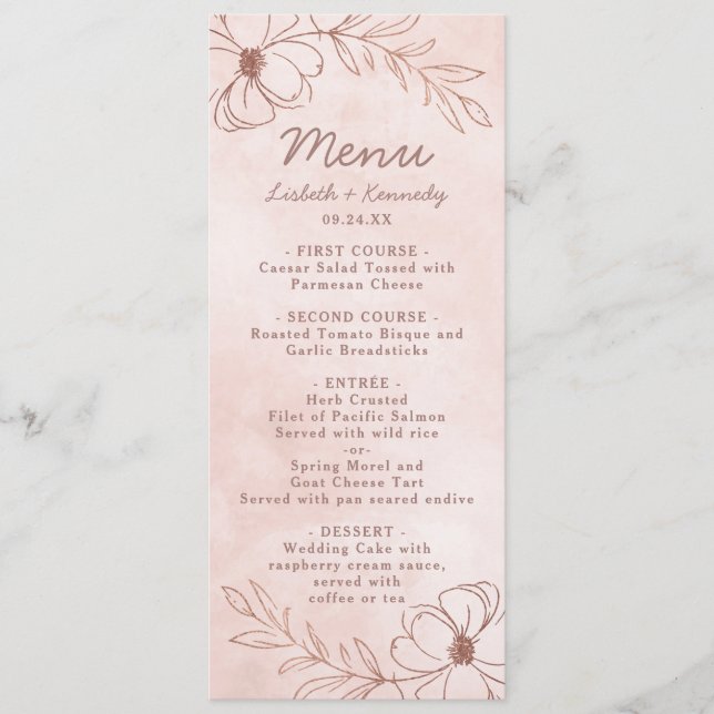 Menu Dîner Floral Pink & Rose Gold Foil (Devant)