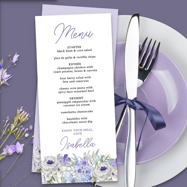 Menu Dîner Floral Purple Lavender (Menu with editable courses and food items, from the purple peri floral collection)