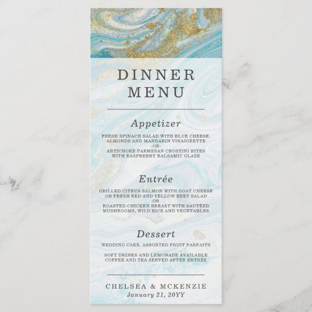 Menu Dîner Géode Agate Turquoise & Gold Marble Swirl (Devant)