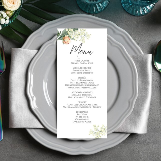 Menu Dîner mariage Aquarelle Pêche Floral (With a simple white background on the front. )